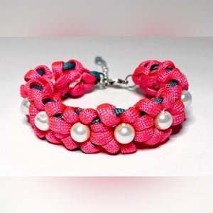 Handmade Parachute Cord Bracelet Floral Design Pink Green Accented with Pearls
